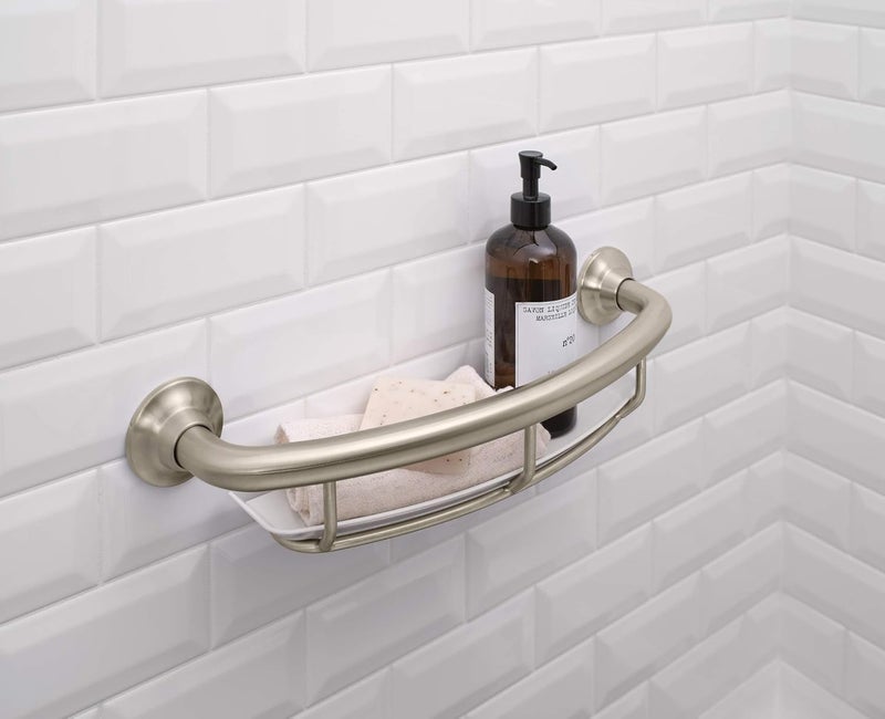 MOEN Moen Brushed Nickel Bathroom 16inch Safety Grab Balance Assist Bar with Storage Shelf for Bathtub or Shower R2356DBN  - Image 3