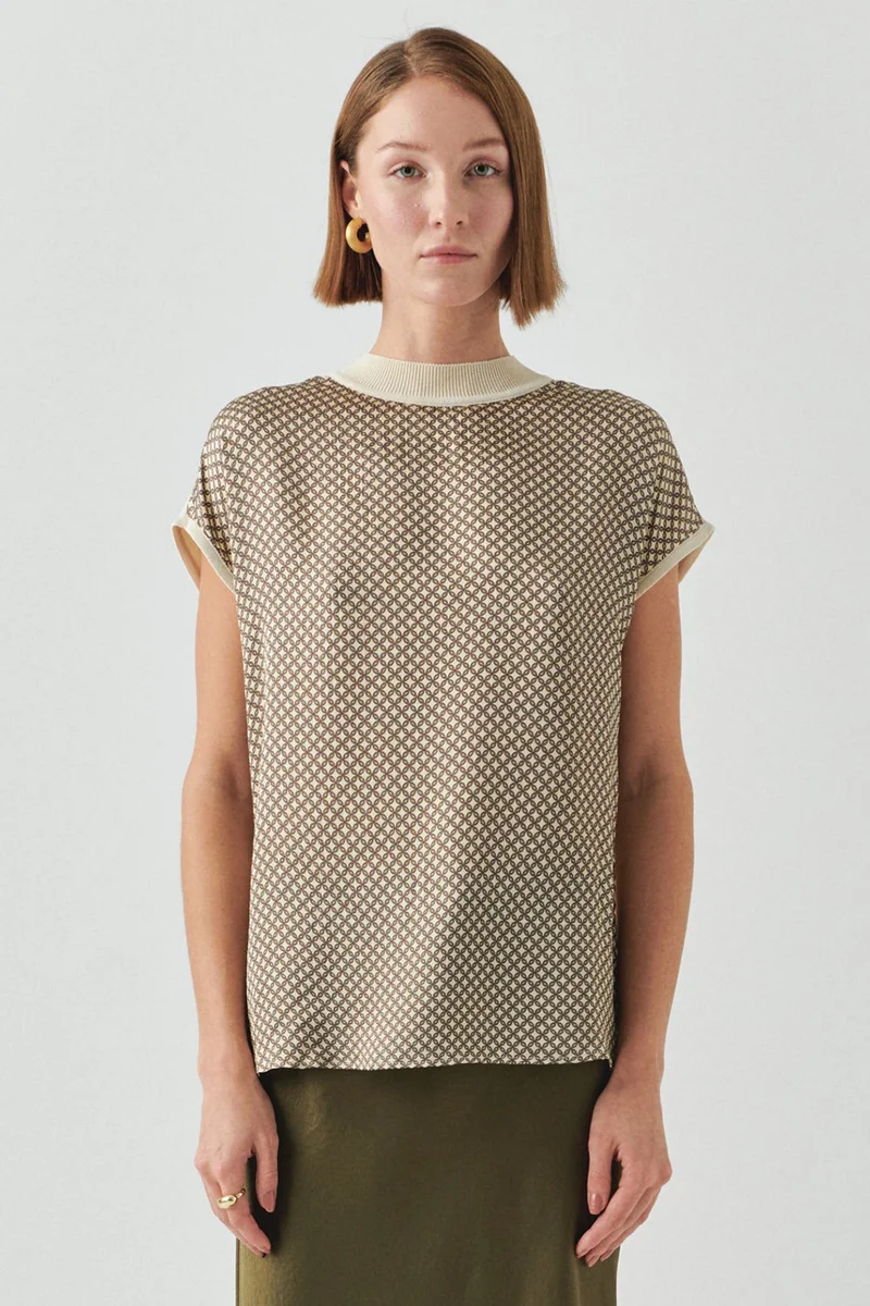 EXQUISE Patterned Knit Trimmed Short-Sleeved Crew Neck Regular Blouse