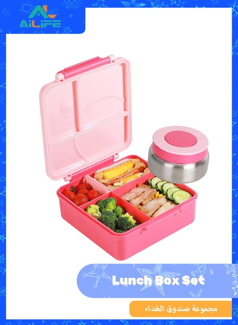 Al LIFE طقم صندوق غداء بنتو كبير سعة 1600 مل مع وعاء صلصة ستانلس ستيل بسعة 290 مل، أدوات مائدة وحقيبة - وردي، 3 في 1 قابل للتحويل - Image 1