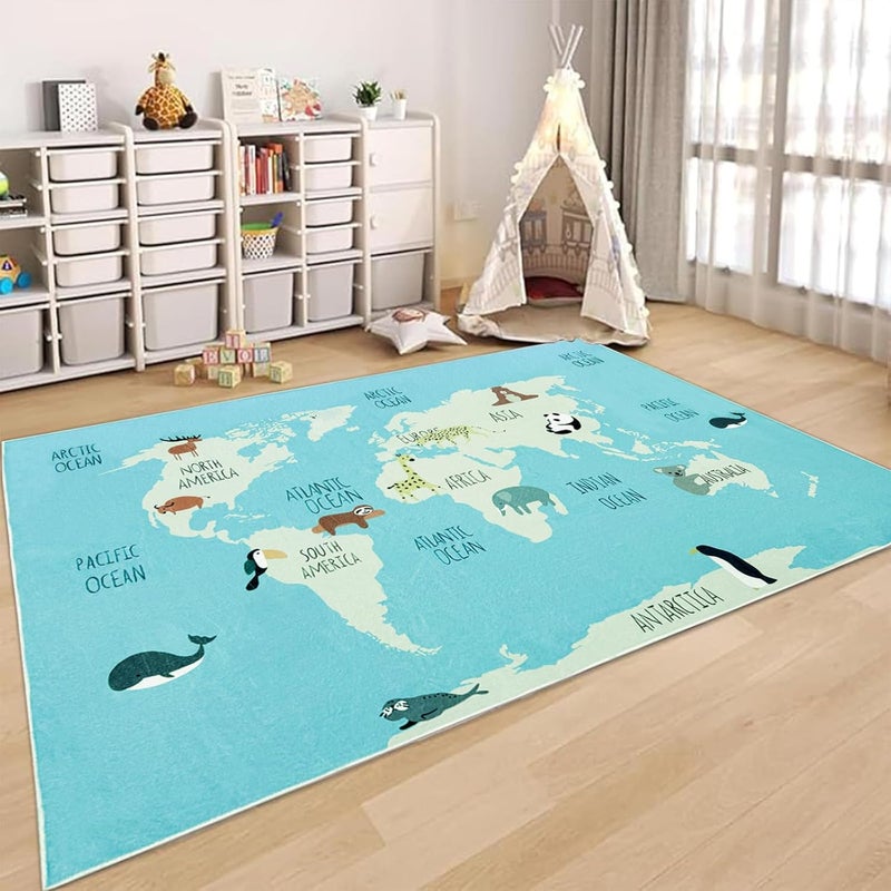 USTIDE سجادة خريطة زرقاء USTIDE 5x7 للأطفال سجادة منطقة خريطة العالم سجادات حيوانات لطيفة سجادة تعليمية للأولاد والبنات سجادة غير قابلة للانزلاق قابلة للغسل في الغسالة لغرفة المعيشة وغرفة النوم وغرفة اللعب والفصل الدراسي - Image 1