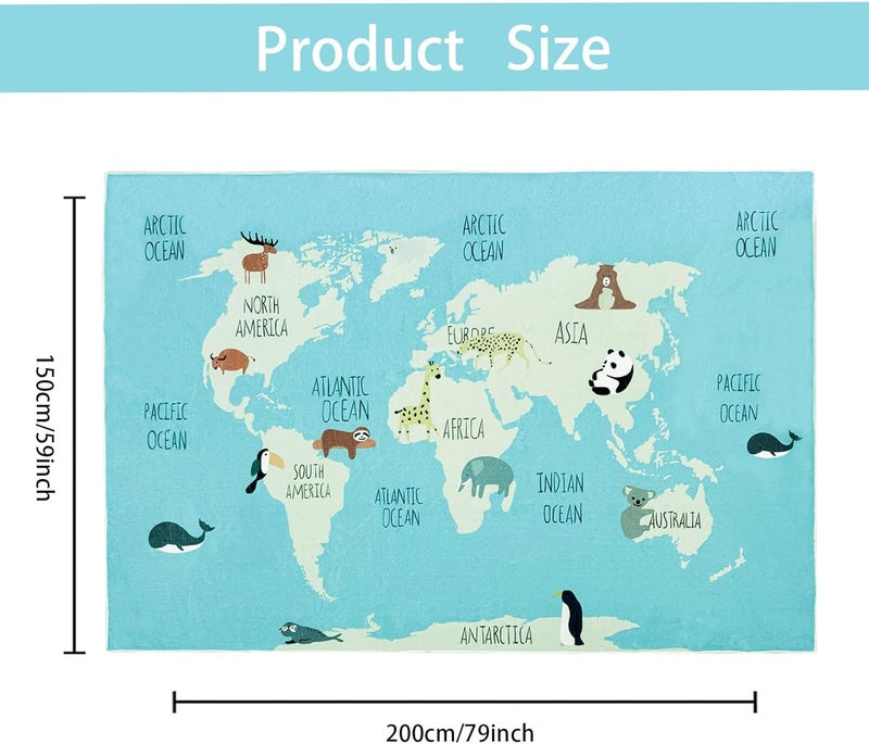 USTIDE سجادة خريطة زرقاء USTIDE 5x7 للأطفال سجادة منطقة خريطة العالم سجادات حيوانات لطيفة سجادة تعليمية للأولاد والبنات سجادة غير قابلة للانزلاق قابلة للغسل في الغسالة لغرفة المعيشة وغرفة النوم وغرفة اللعب والفصل الدراسي - Image 2