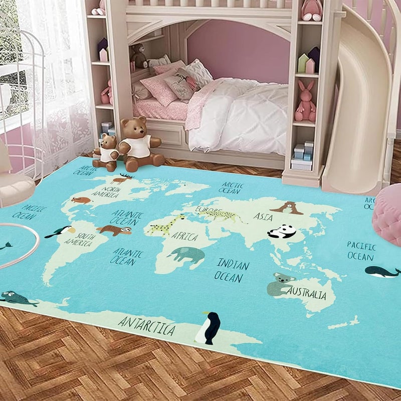 USTIDE سجادة خريطة زرقاء USTIDE 5x7 للأطفال سجادة منطقة خريطة العالم سجادات حيوانات لطيفة سجادة تعليمية للأولاد والبنات سجادة غير قابلة للانزلاق قابلة للغسل في الغسالة لغرفة المعيشة وغرفة النوم وغرفة اللعب والفصل الدراسي - Image 4