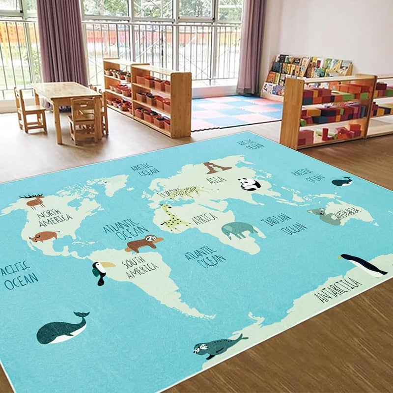 USTIDE سجادة خريطة زرقاء USTIDE 5x7 للأطفال سجادة منطقة خريطة العالم سجادات حيوانات لطيفة سجادة تعليمية للأولاد والبنات سجادة غير قابلة للانزلاق قابلة للغسل في الغسالة لغرفة المعيشة وغرفة النوم وغرفة اللعب والفصل الدراسي - Image 5