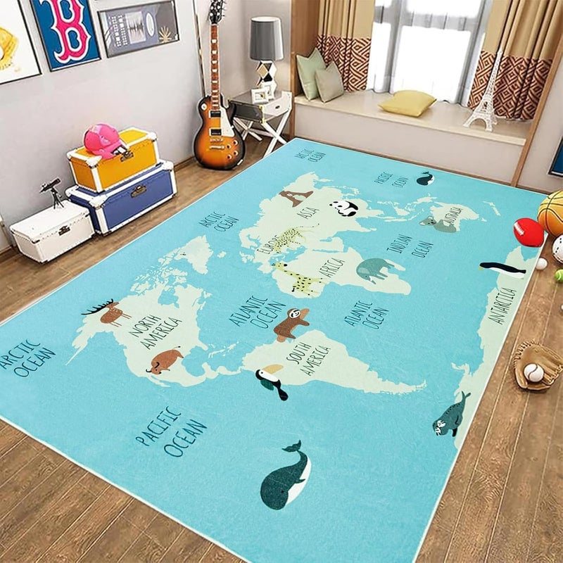 USTIDE سجادة خريطة زرقاء USTIDE 5x7 للأطفال سجادة منطقة خريطة العالم سجادات حيوانات لطيفة سجادة تعليمية للأولاد والبنات سجادة غير قابلة للانزلاق قابلة للغسل في الغسالة لغرفة المعيشة وغرفة النوم وغرفة اللعب والفصل الدراسي - Image 3