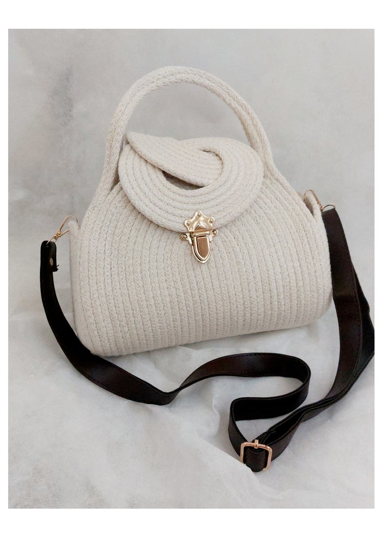 Cotton cord off white crossbody bag with dark brown leather handle  - Image 1