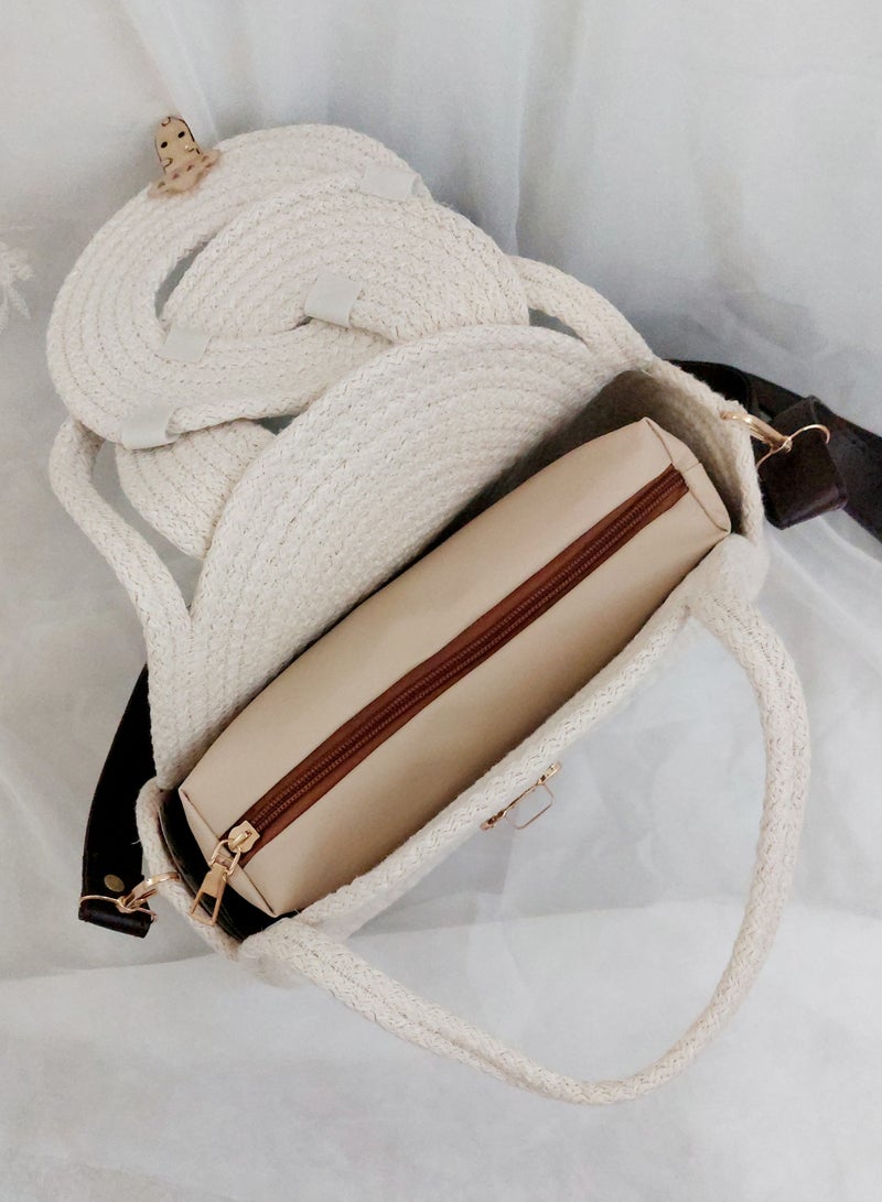 Cotton cord off white crossbody bag with dark brown leather handle  - Image 2