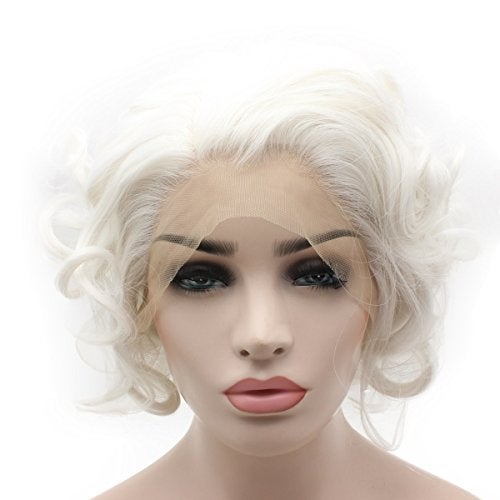 iwonawig Short Curly Heat Friendly Natural Looking Synthetic Lace Front Snow White Wig - Image 5