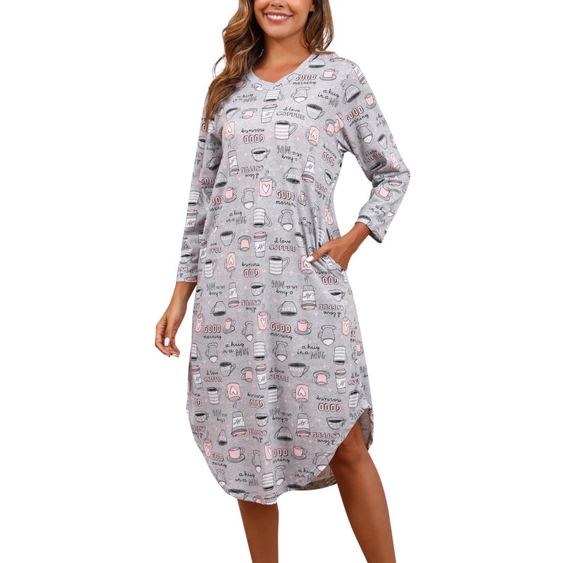 PNAEONG Nightgowns for Women Soft Cotton Long Sleeve Night Gowns Adult Sleepwear V Neck Casual Nightshirt Comfy Loungewear Sleepshirts Knit Print House Nightdress with Pockets Coffee-3XL - Image 1