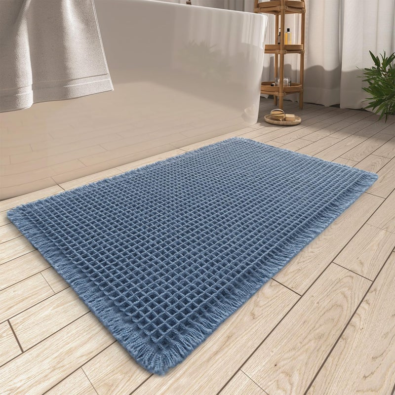 AMOAMI Upgraded Waffle Bath Mat Super Absorbent Non Slip Bath Mats for Bathroom Floor Machine Washable Bathroom Rugs with Tassels Rubber Backed Bathroom Mats Ultra Soft 17 x 24 Blue