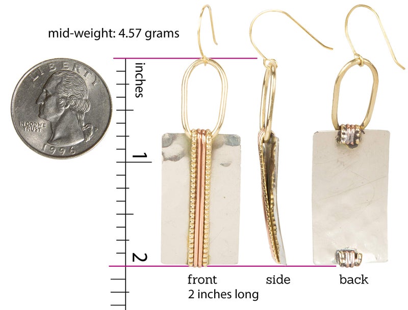 SPUNKYsoul Mixed Metal Rectangle Bar Earrings â€“ Geometric Hammered Silver Gold Copper Dangle Earrings, Wire-Wrapped Modern Boho Drop Design, Lightweight Mid-Weight Statement Jewelry for Women (Rectangle Silver With Gold Accent) - Image 3