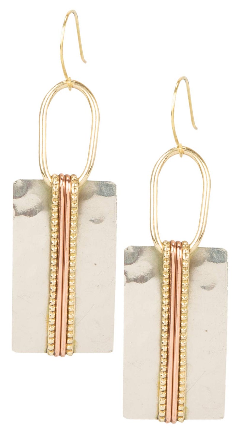 SPUNKYsoul Mixed Metal Rectangle Bar Earrings â€“ Geometric Hammered Silver Gold Copper Dangle Earrings, Wire-Wrapped Modern Boho Drop Design, Lightweight Mid-Weight Statement Jewelry for Women (Rectangle Silver With Gold Accent) - Image 1