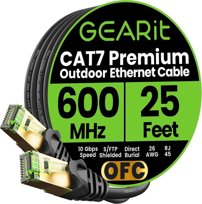 GearIT Cat7 Outdoor Ethernet Cable (25ft) SFTP Shielded Foil Twisted Pair, Pure Copper, LLDPE, Waterproof, Direct Burial, In-Ground, UV Resistant, POE, Network, LAN, Internet, Cat 7-25 Feet - Image 1