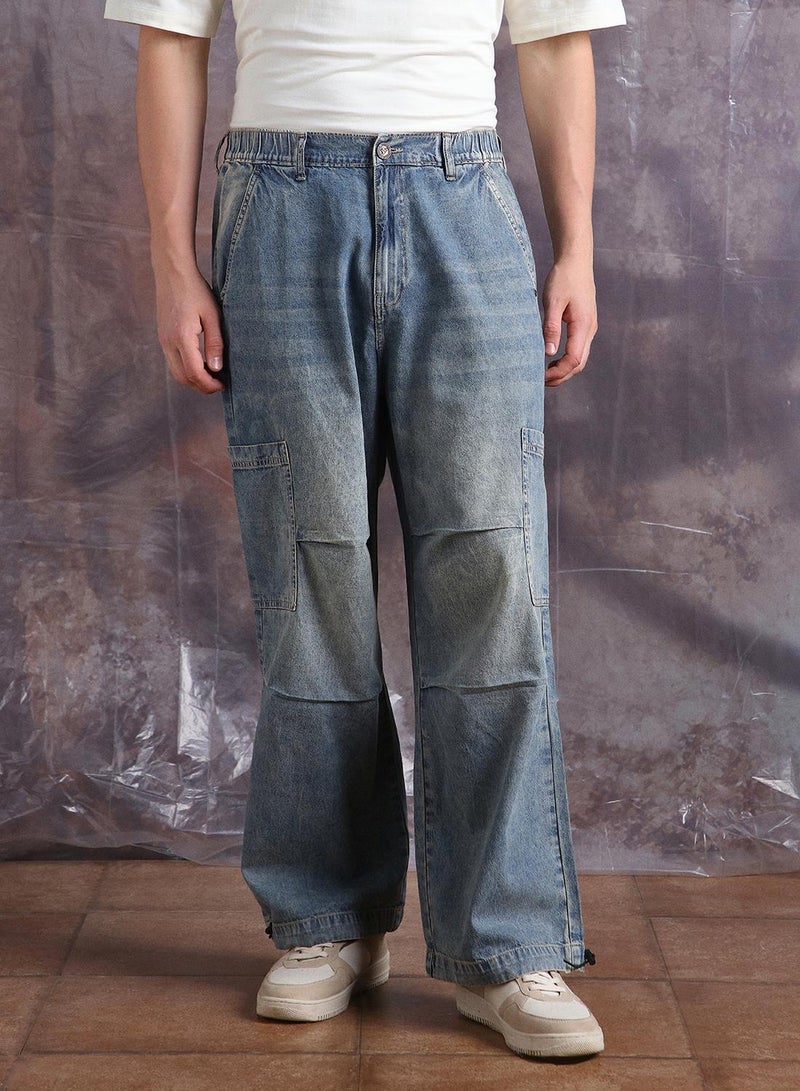 Hubberholme Men's Indigo 100% Cotton Washed Regular Length Baggy Jeans  - Image 5