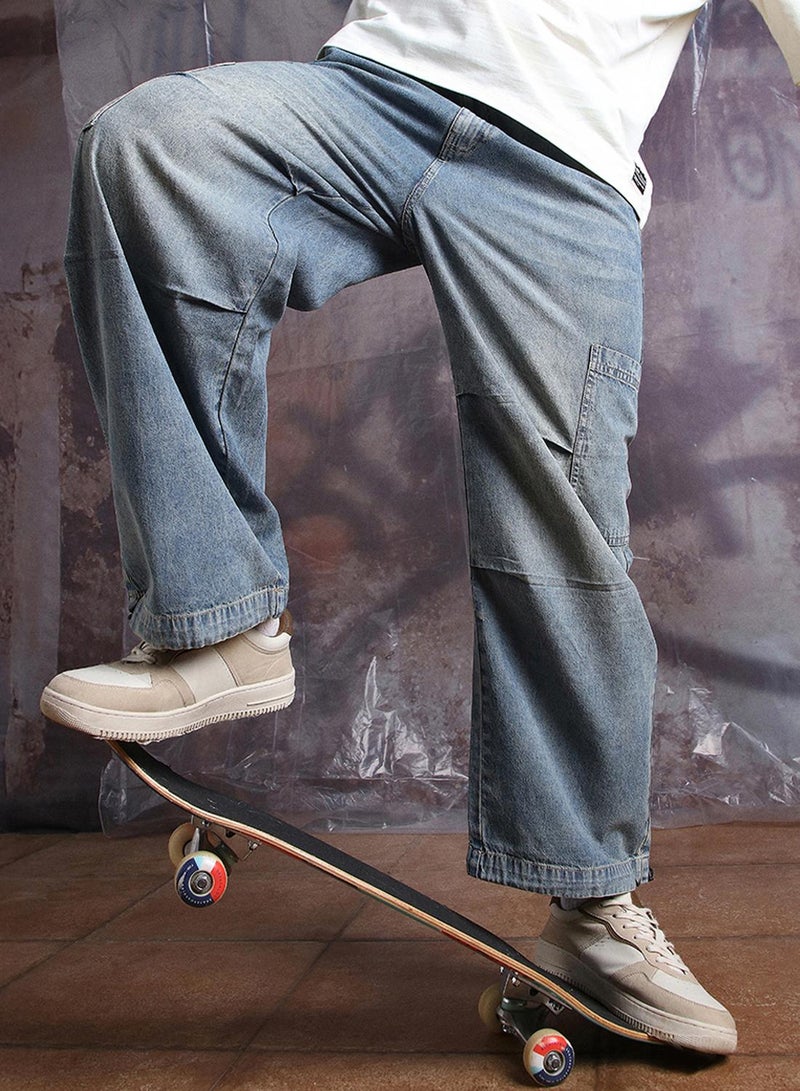 Hubberholme Men's Indigo 100% Cotton Washed Regular Length Baggy Jeans  - Image 1