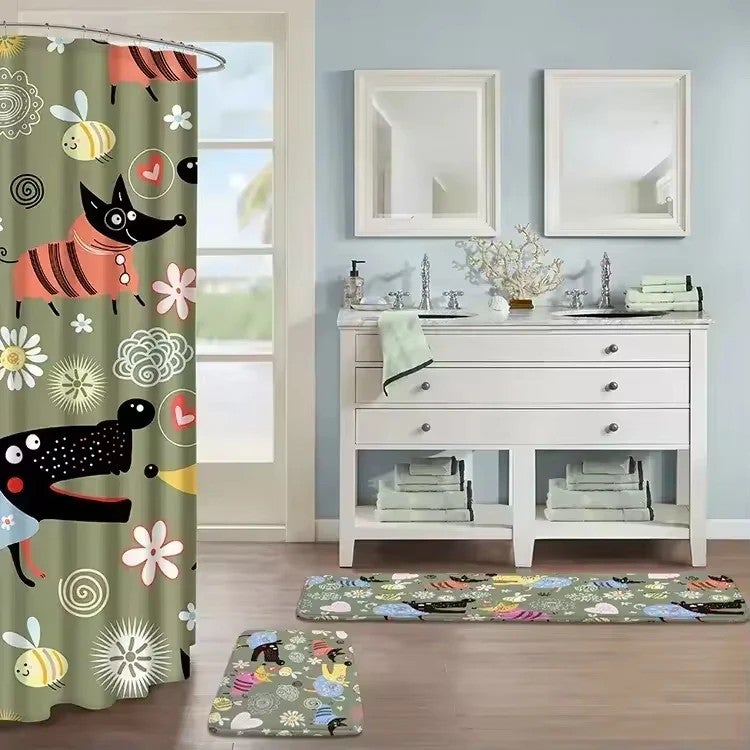 Y&D Cute 3 Piece Non Slip Bath Mat Rug With Waterproof Foam Shower Curtain Set for Bathroom - Image 4