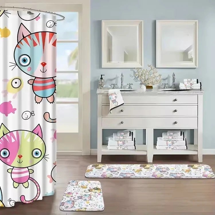 Y&D Cute 3 Piece Non Slip Bath Mat Rug With Waterproof Foam Shower Curtain Set for Bathroom - Image 5