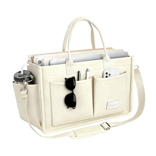 Gosect Canvas Tote Bag for Women With Pockets,X-Large Work Tote Bags Womens, Laptop Crossbody Purses Everything Everyday Bag Handbags lunch bag for Travel Work (Beige) - Image 1