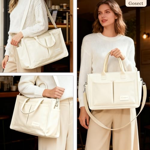 Gosect Canvas Tote Bag for Women With Pockets,X-Large Work Tote Bags Womens, Laptop Crossbody Purses Everything Everyday Bag Handbags lunch bag for Travel Work (Beige) - Image 2