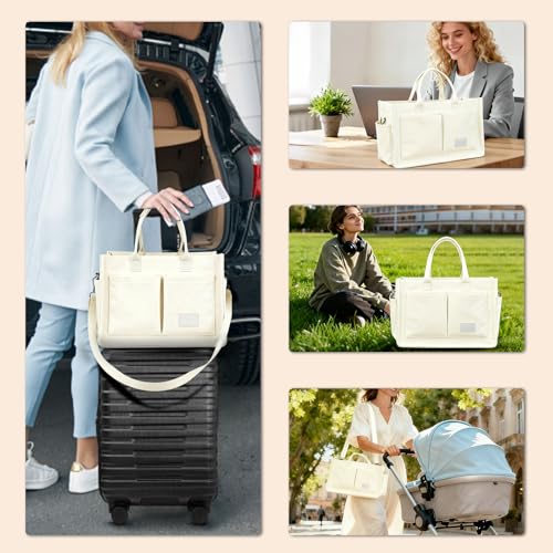 Gosect Canvas Tote Bag for Women With Pockets,X-Large Work Tote Bags Womens, Laptop Crossbody Purses Everything Everyday Bag Handbags lunch bag for Travel Work (Beige) - Image 3