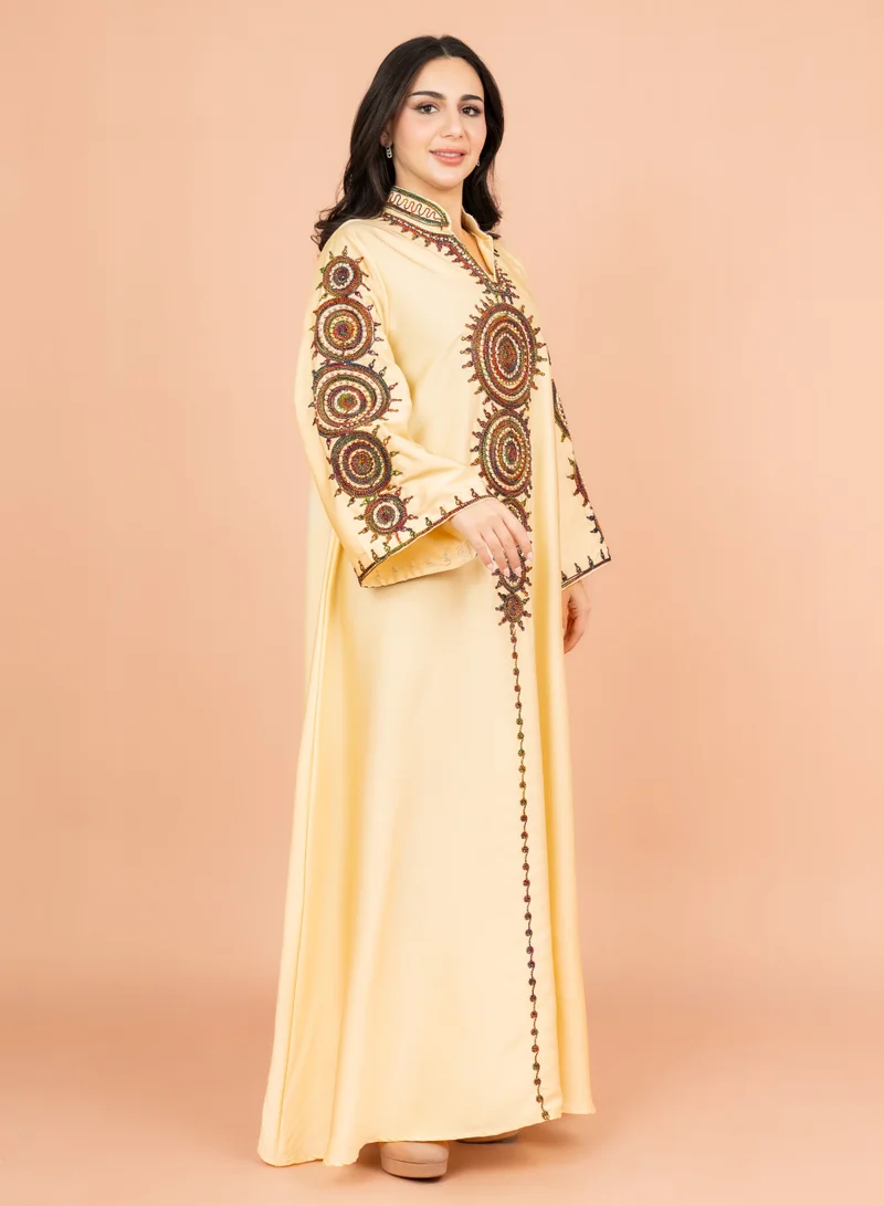 IKKXA Solid Embroidered Jalabiya IK1008 Yellow