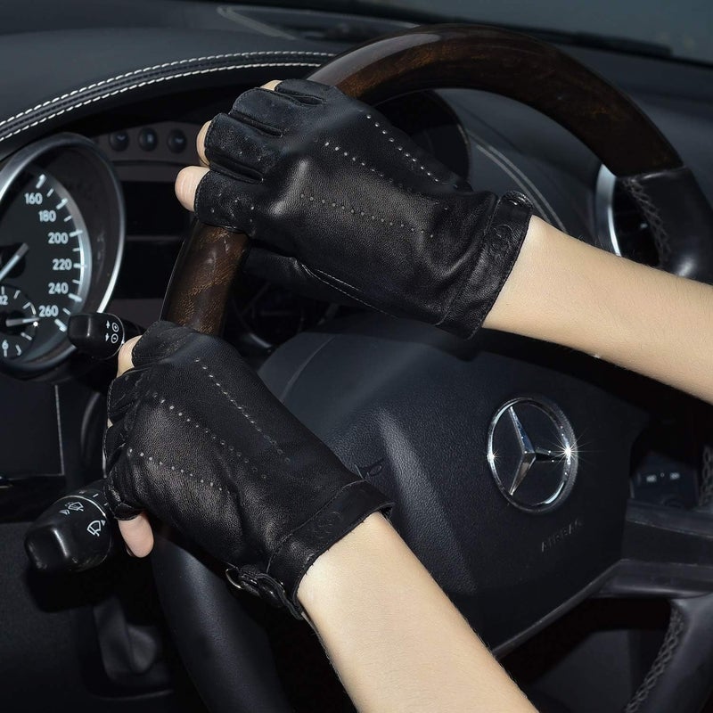 GSG SINCE 1998 GSG Women's Fingerless Leather Gloves - Unlined Half Finger Spain Sheepskin for Driving - Image 3