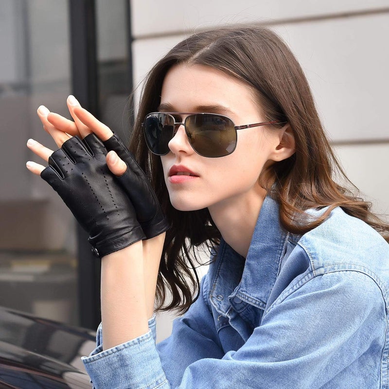 GSG SINCE 1998 GSG Women's Fingerless Leather Gloves - Unlined Half Finger Spain Sheepskin for Driving - Image 2