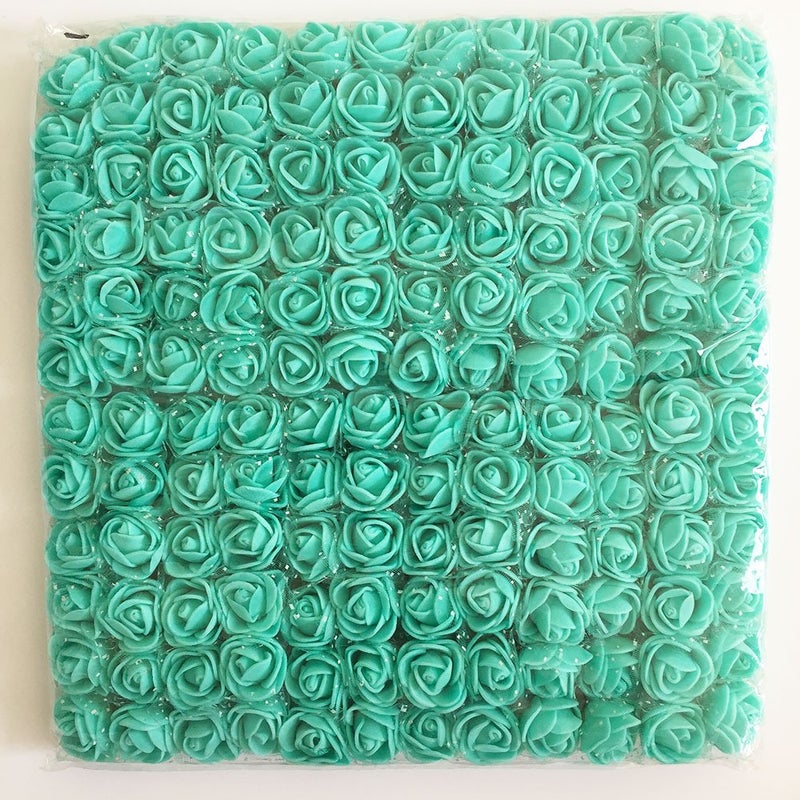 Artfen Mini Fake Rose Flower Heads 144pcs Mini Artificial Roses DIY Wedding Flowers Accessories Make Bridal Hair Clips Headbands Dress (Bottom add Gauze) Tiffany-Blue - Image 1