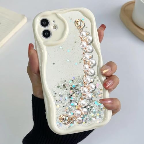 KC Back Cover for Samsung Galaxy A17 5G - Luxury Shiny Pearls Bracelet Dry Fixed Glitter Curly Wave Shape Shockproof Soft Silicone Case with Camera Protection (White) - Image 3