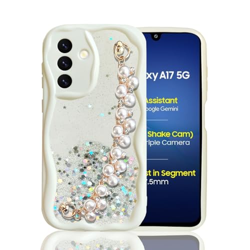 KC Back Cover for Samsung Galaxy A17 5G - Luxury Shiny Pearls Bracelet Dry Fixed Glitter Curly Wave Shape Shockproof Soft Silicone Case with Camera Protection (White) - Image 1