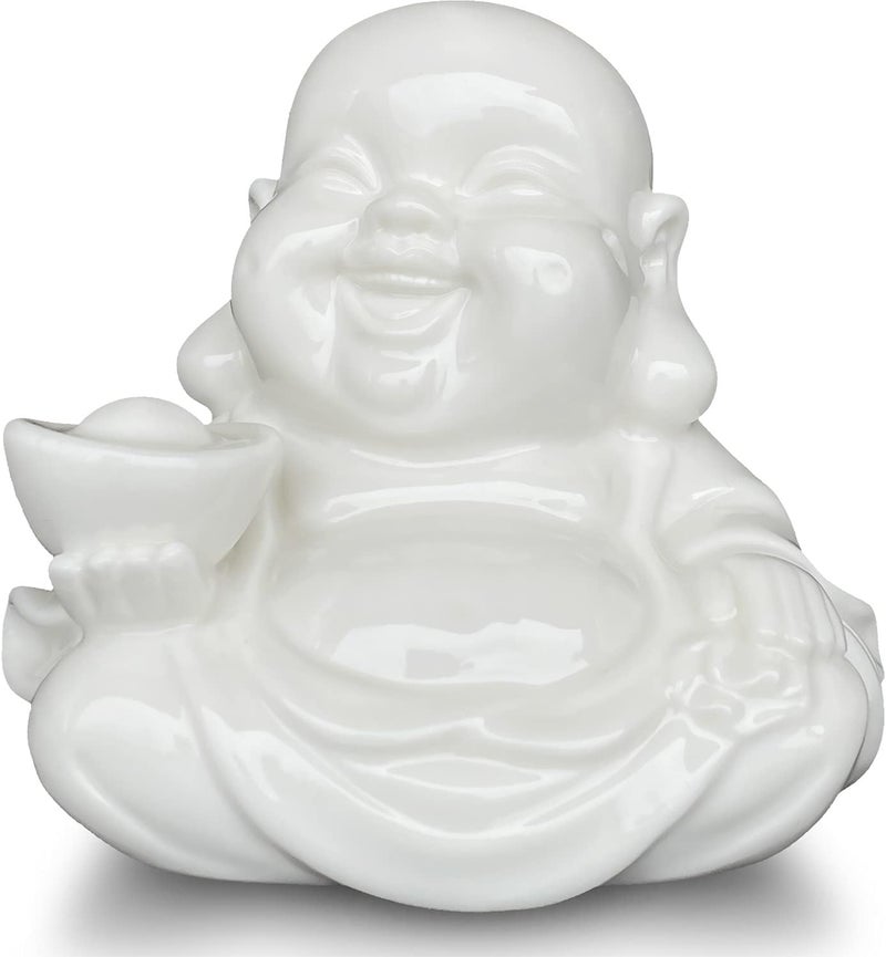 Houlu Small Laughing Buddha Statue for Good Luck, Ceramic White Lucky Happy Buddha Figurine for Home Decor, Office Decor, Garden Decor, Indoor/Outdoor - Image 1