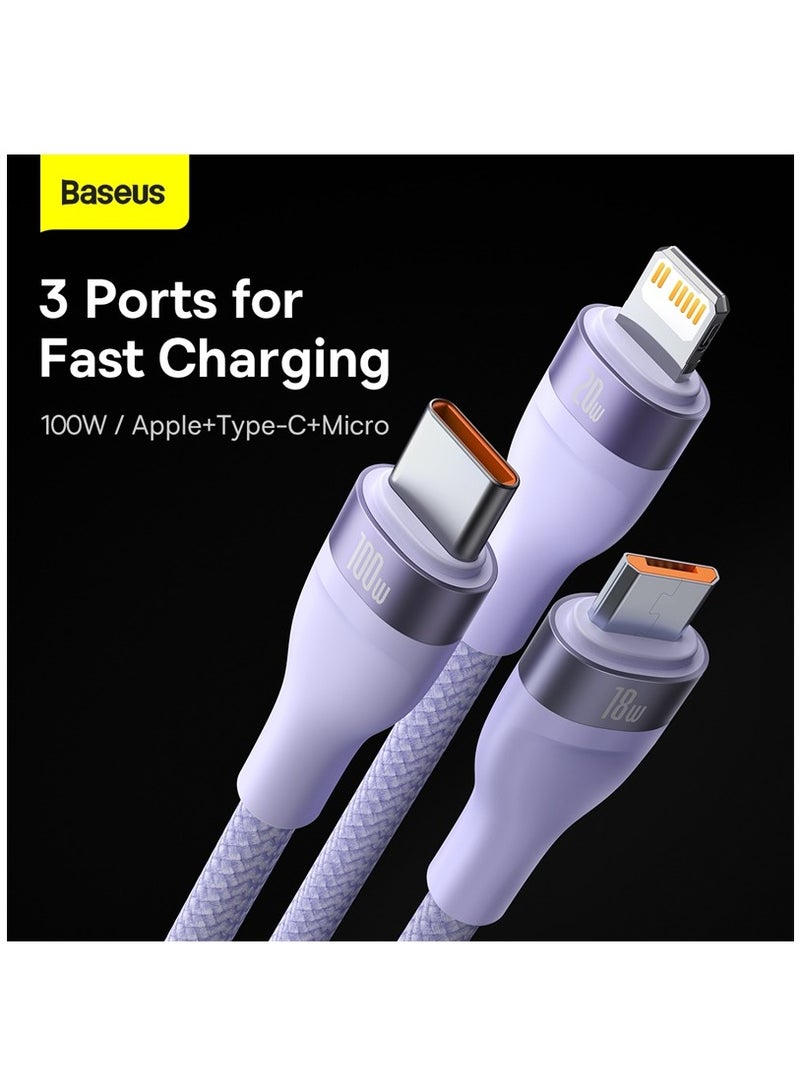 Baseus 100W Flash Series Multi Charging (1.2M) 4 In 1 Cable Fast Charging USB Type C Micro USB And USB To Lightning Cable Compatible For iPhone 15/14/13/12/11 Series/MacBook/iPad/Samsung/Huawei And More Purple - Image 3