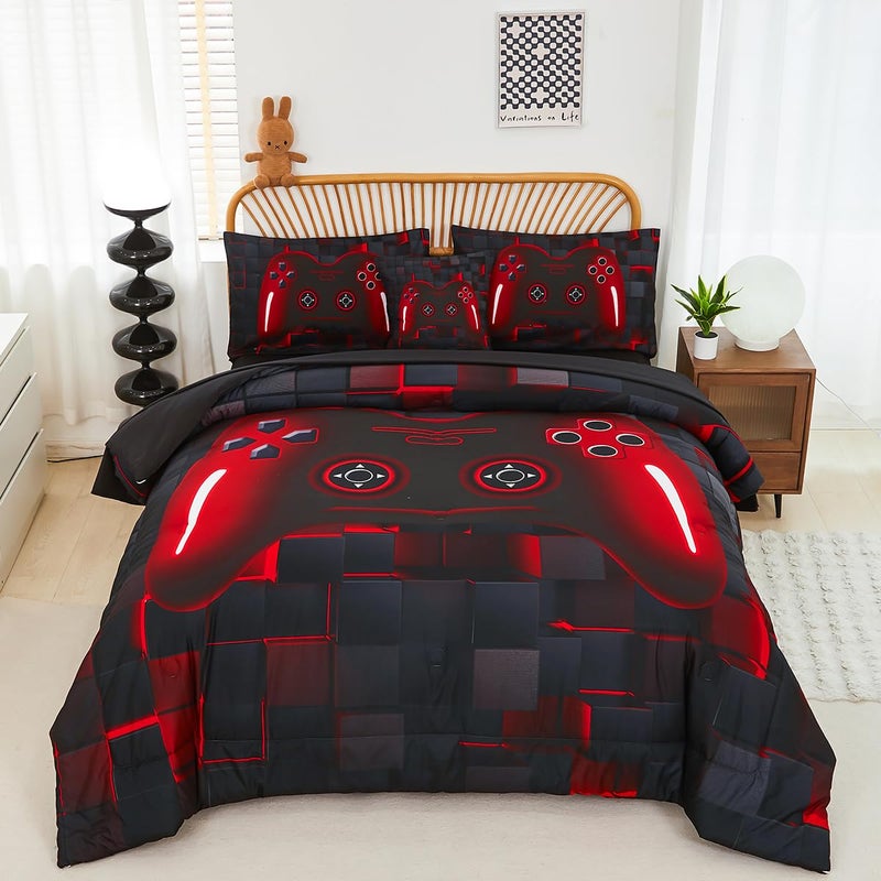 PERFEMET Boys Bedding Set Twin Size 6-Piece Game Console Comforter Set for Kids Teen 3D Black and Red Gamepad Gaming Bed in a Bag Matching Sheet Set(Red, Twin) - Image 1