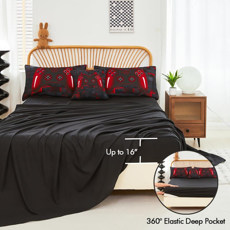 PERFEMET Boys Bedding Set Twin Size 6-Piece Game Console Comforter Set for Kids Teen 3D Black and Red Gamepad Gaming Bed in a Bag Matching Sheet Set(Red, Twin) - Image 5