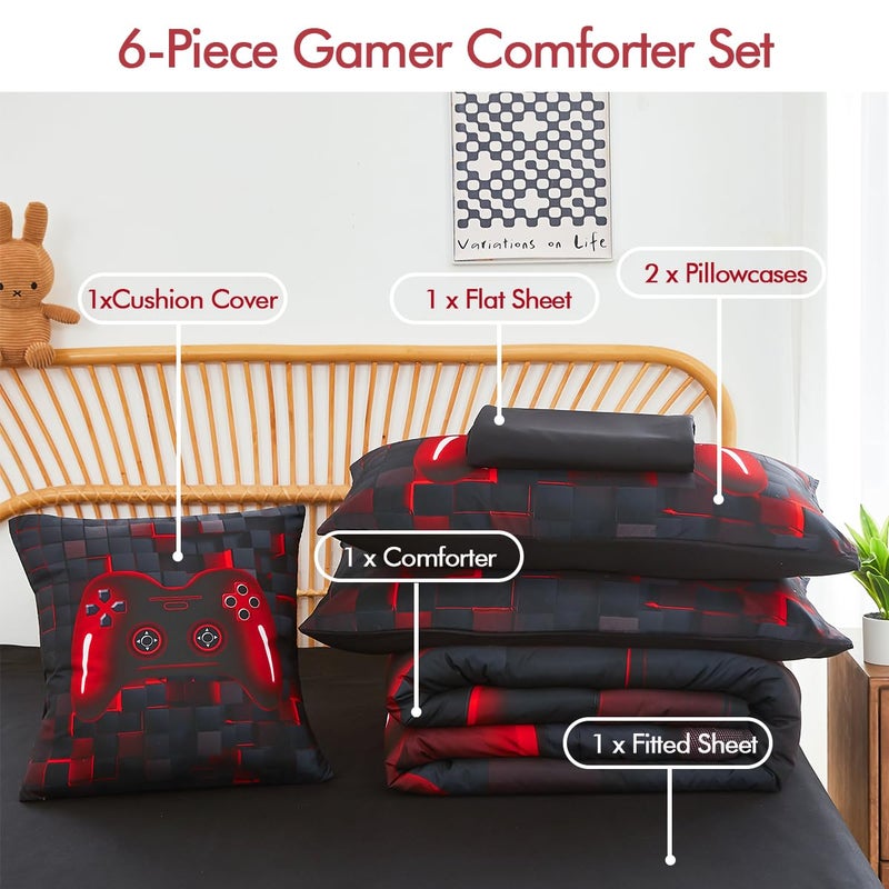 PERFEMET Boys Bedding Set Twin Size 6-Piece Game Console Comforter Set for Kids Teen 3D Black and Red Gamepad Gaming Bed in a Bag Matching Sheet Set(Red, Twin) - Image 3