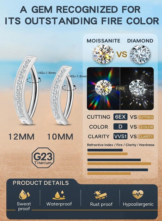 VOJO Moissanite Clicker Belly Button Ring, Titanium 2 Pcs 10&12mm Reverse Curved Hoop Navel Barbell Piercing Jewelry (White Gold) - Image 3