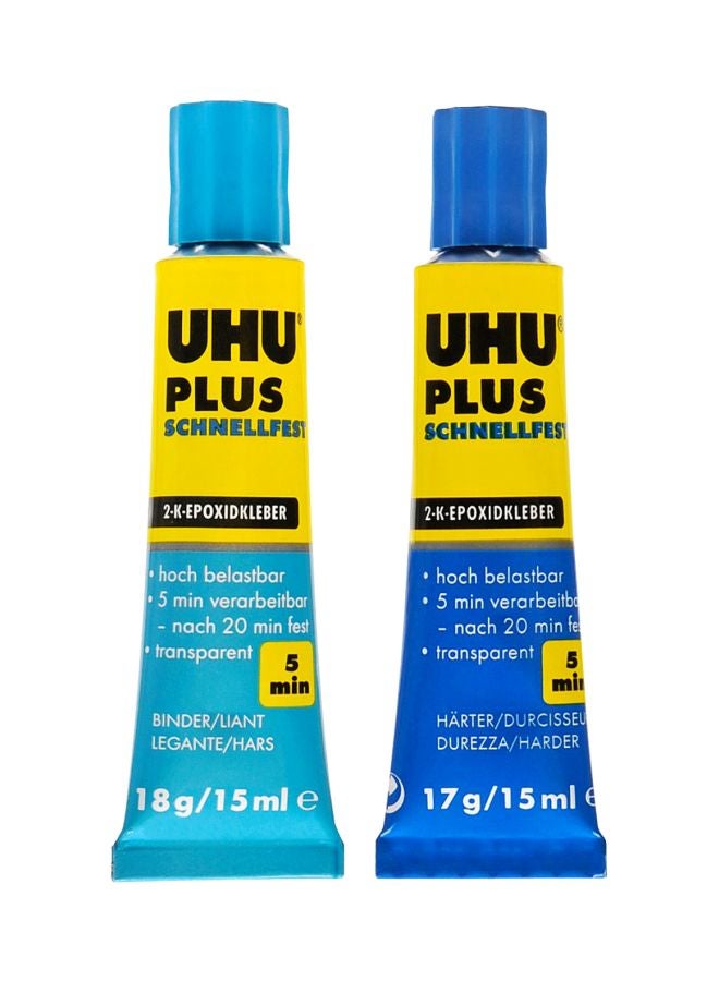 UHU Quickset Plus 5 Min, Universal, Fast And Strong, 2 Component Epoxy Resin Repair Glue, 2 Tubes X 15 Ml, Transparent - Image 1