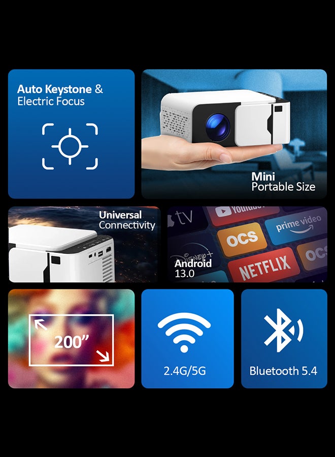 Wownect Smart T5 Mini Projector with WiFi and Bluetooth [Android 13.0/Electric focus] Portable Projector 4K Support 1080P Supported Home Theater Projector T5 Mini Projector White - Image 2