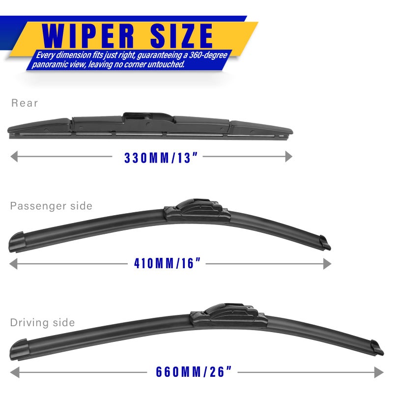 Rooppa 3 wipers Replacement for 2012-2016 Honda CRV CR-V, Windshield Wiper Blades Original Equipment Replacement - 26"/16"/13" (Set of 3) U/J HOOK - Image 2