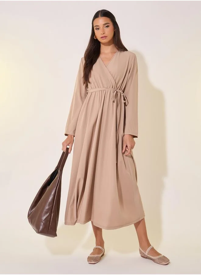 Styli Solid Wrap V-Neck Midi Dress with Tie-Up Belt