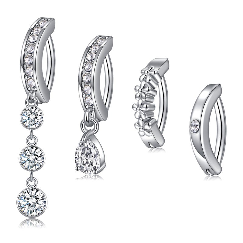 QWALIT Belly Button Rings - Surgical Steel Dangly Hoop Belly Rings for Women - 4pcs Set - Silver - Image 1