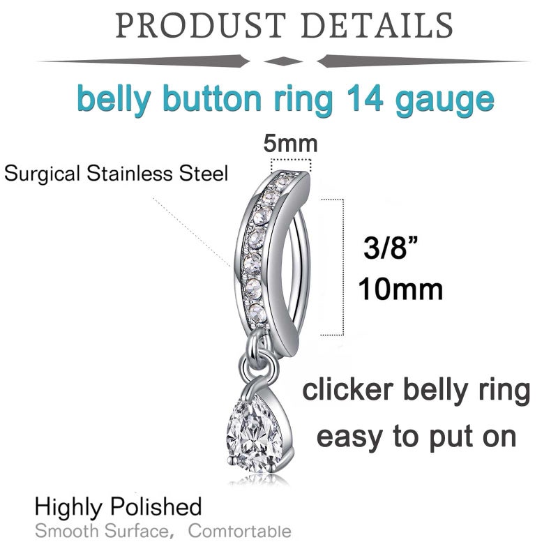 QWALIT Belly Button Rings - Surgical Steel Dangly Hoop Belly Rings for Women - 4pcs Set - Silver - Image 2