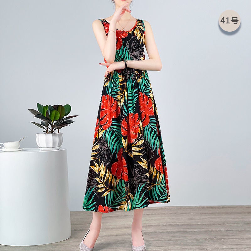Cotton silk mid-length dress women's 2021 summer new floral sleeveless vest skirt large size thin printed skirt 41 suit M under 105kg - Image 1