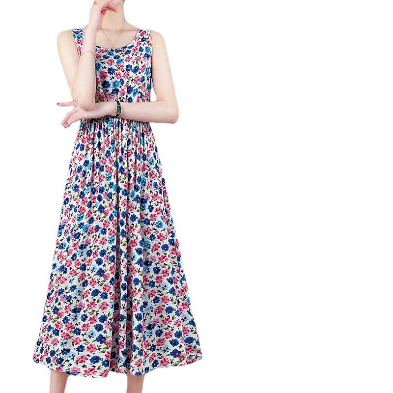 Cotton silk mid-length dress women's 2021 summer new floral sleeveless vest skirt large size thin printed skirt 41 suit M under 105kg - Image 3