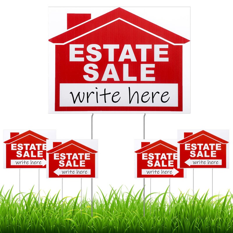 Queekay Queekay 5 Pack Estate Sale Signs Set with Stakes 12 x 16 Inch Double Sided Estate Sale Yard Signs Property Directional Arrows for Garage SuppliesRed White 