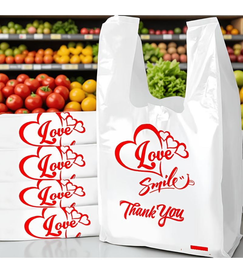 48 Pcs 11.81 x 18.9 Inch Four in One Heart Thank You Gift Bags Plastic Portable Tote Bags for Shopping Grocery Trash Use Retail Stores Restaurants Malls - Image 1