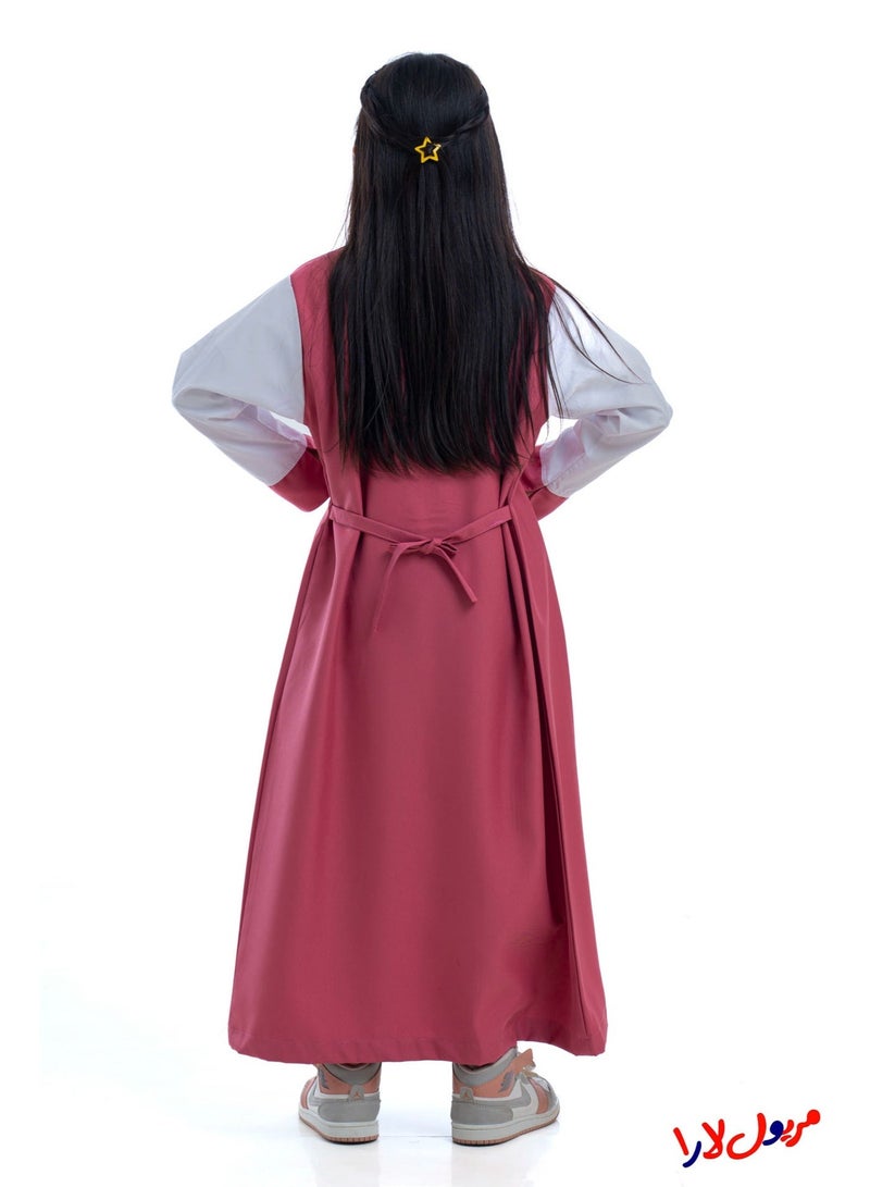 مريول لارا مريول كويتي ابتدائي وردي سادة بأكمام بيضاء – زي مدرسي بناتي مريح - Image 5