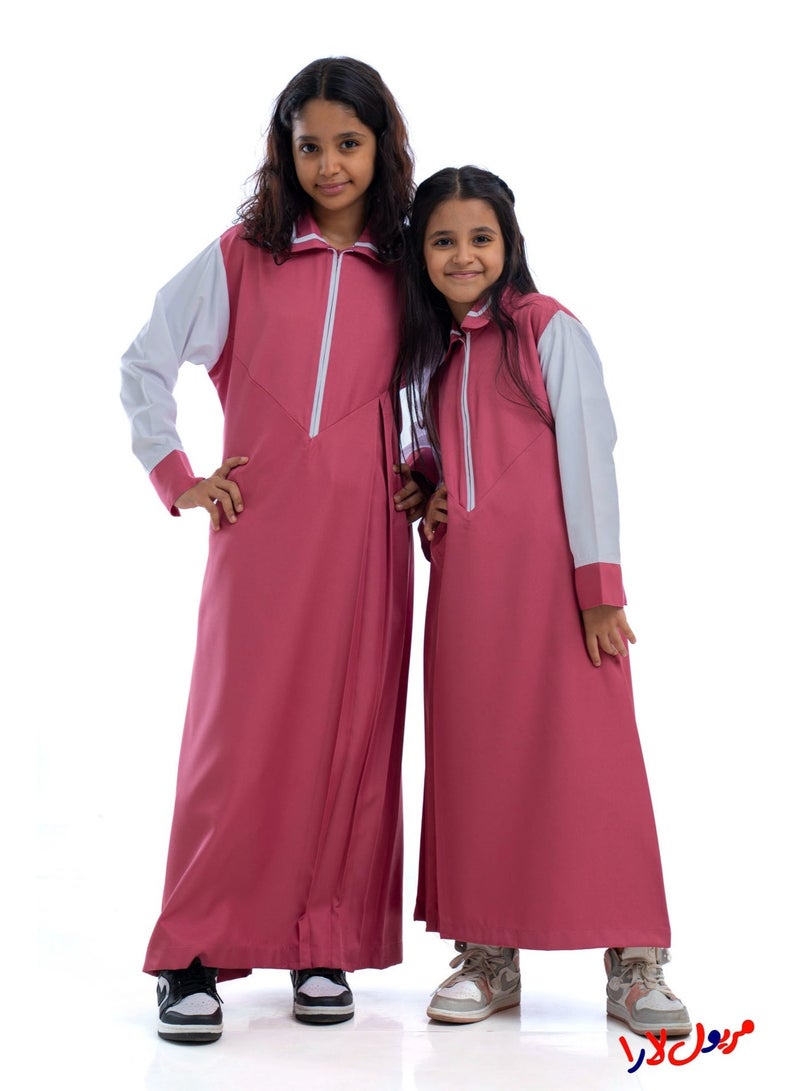 مريول لارا مريول كويتي ابتدائي وردي سادة بأكمام بيضاء – زي مدرسي بناتي مريح - Image 1