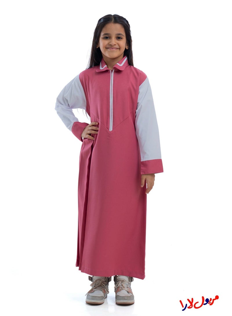 مريول لارا مريول كويتي ابتدائي وردي سادة بأكمام بيضاء – زي مدرسي بناتي مريح - Image 3