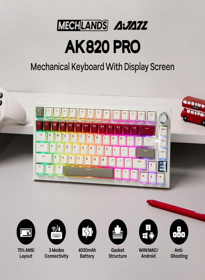 MechLands Ajazz AK820 Pro 75% Wireless Gaming Keyboard with TFT Display Screen & Knob, Gasket Mechanical Creamy Keyboard, BT5.0/2.4GHz/USB-C, RGB, NKRO for Win/Mac (Beige, Gift Switch) - Image 2