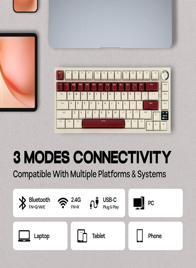 MechLands Ajazz AK820 Pro 75% Wireless Gaming Keyboard with TFT Display Screen & Knob, Gasket Mechanical Creamy Keyboard, BT5.0/2.4GHz/USB-C, RGB, NKRO for Win/Mac (Beige, Gift Switch) - Image 5